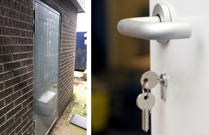 RSG8000 commercial security doors installed on refurbished warehouse in Hertfordshire.