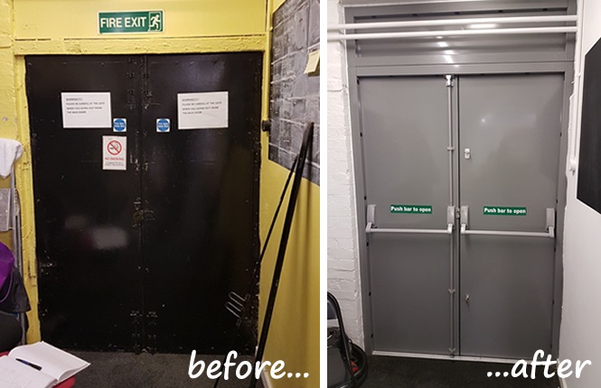 RSG8100 fire exit double door on charity shop in Holborn, Central London.