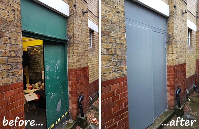 RSG8100 fire exit double door at rear of charity shop in Holborn, Central London.