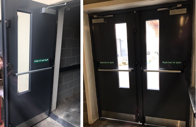 RSG8100 fire exit steel doors installed on commercial building in South East London.
