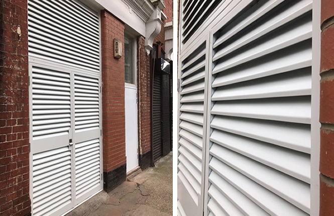 A close up of our RSG8200 fully louvred doorset securing residential apartments near Liverpool St Station.