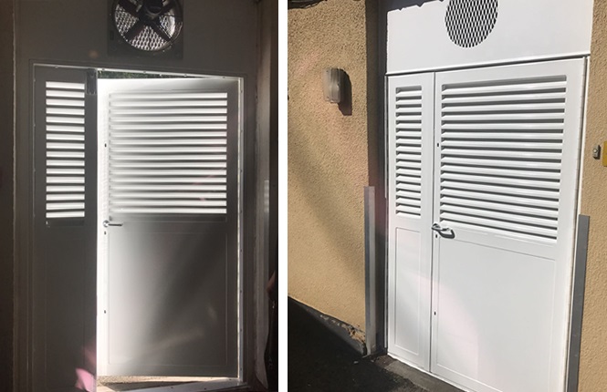 An in and out view of RSG8200 heavy duty fabricated louvred leaf and a half doorset with overhead panel fitted in London.