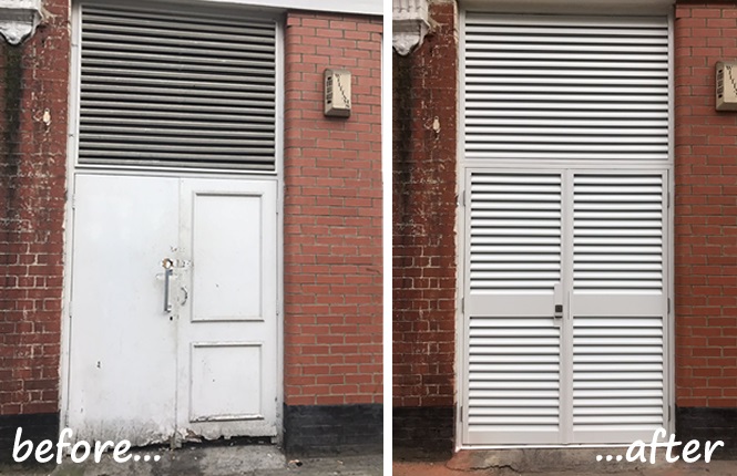 RSG8200 fully louvred bin store door fitted to residential apartments near Liverpool St Station.